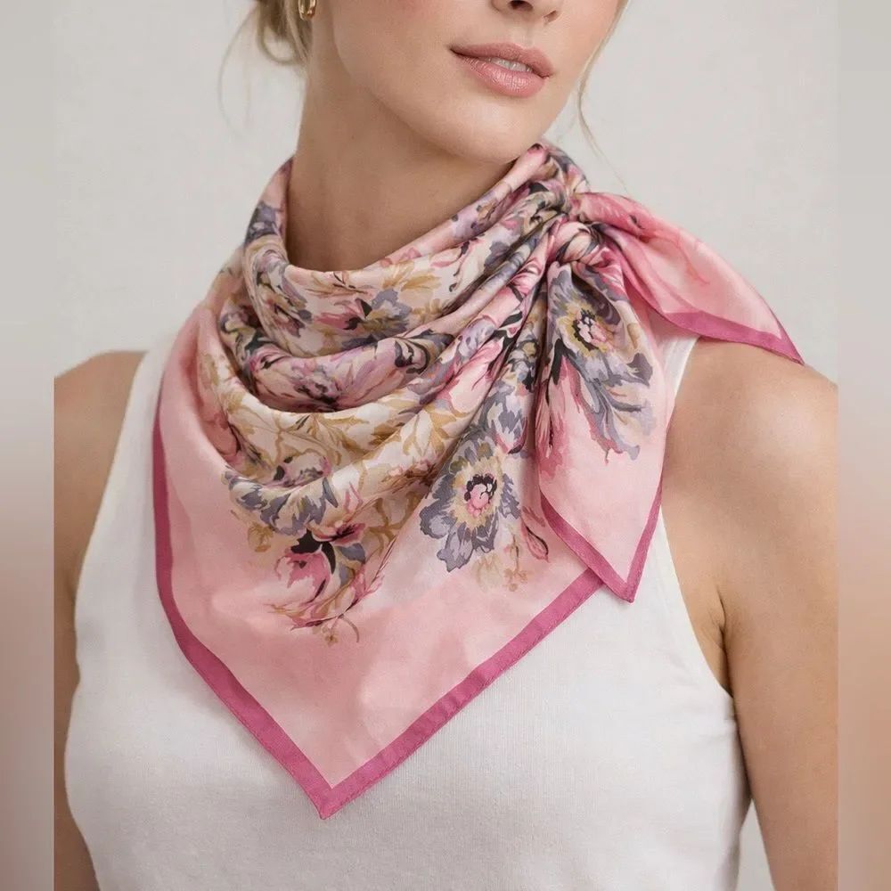 Adrienne Vittadini Pink Floral Silk Feel Square Scarf 31 x 29.5 Romantic